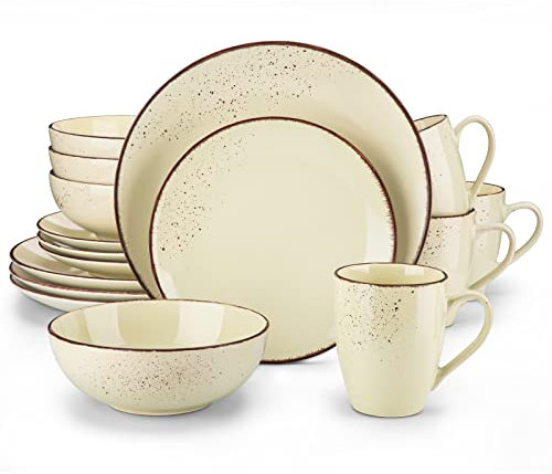 vancasso Tafelservice Set, Navia Geschirrset aus Steingut, 16 teilig Kombiservice, Vintage Aussehen, Natur Design, beige gelb