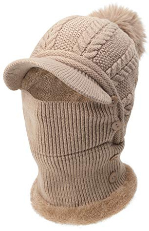 JINTN Wintermütze Schal Mundschutz Set 3 in 1 Strickmütze mit Krempe Winter Warme Beanie Mütze mit Bommel Fleecefutter Mütze Schlauchschal Outdoor Ski Snowboard Warme Winterschal für Erwachsene