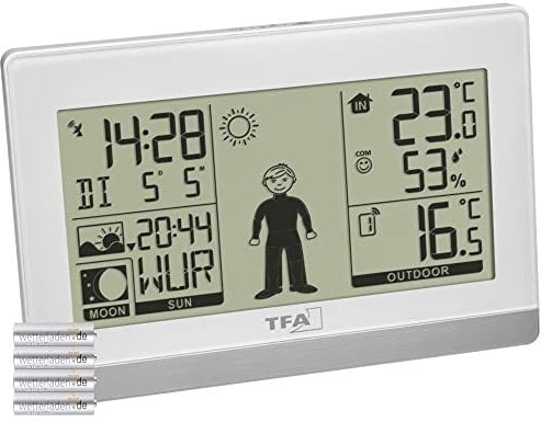 TFA Dostmann Funk-Wetterstation Weather Boy, 35.1159, Außen-/Innentemperatur, Wettervorhersage, Mondphase/Sonneauf-und untergänge (Weiss mit Batterien)