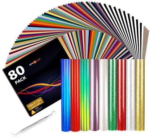 HTVRONT HTV Lot de 80 vinyles thermocollants pour T-shirt, 39 couleurs assorties avec accessoires en vinyle, pince à épiler pour Silhouette Cameo ou presse à chaud 30,5 x 25,4 cm