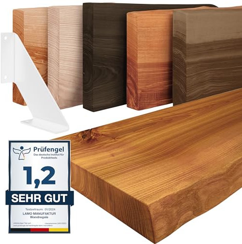 LAMO Manufaktur Wandregal Holz Baumkante | Regal Farbe: Rustikal | mit weißem Vintage Regalträger | 160 cm