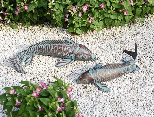 CLYB Lot de 2 Statues de Poisson koï en cuivre Antique pour Jardin, étang en métal, décoration de Jardin, terrasse, Cour, pelouse, étang, décoration d'intérieur