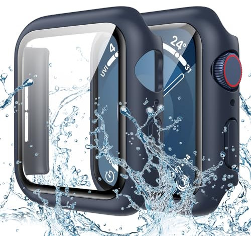 Goton Coque étanche compatible avec Apple Watch 45 mm Series 7 avec protection d'écran en verre trempé, iWatch - Protection complète en polycarbonate rigide pour homme et femme (45 mm, bleu)