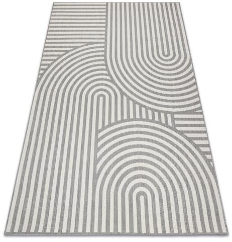 rugsx Teppich SISAL Flat Indoor Outdoor - Wetterfest & Pflegeleicht - Modern & Robust - Für Wohnzimmer Balkon Terrasse - Kreise Streifen Muster - Grau/Creme 200x290 cm
