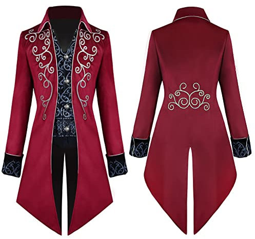Odizli Mittelalter Kleidung Herren Frack Jacke Smoking Steampunk Mantel Gothic Männer Captain Jack Sparrow Kostüm Halloween Karneval Faschingskostüme Viktorianisches Renaissance Vikings Gehrock Rot M