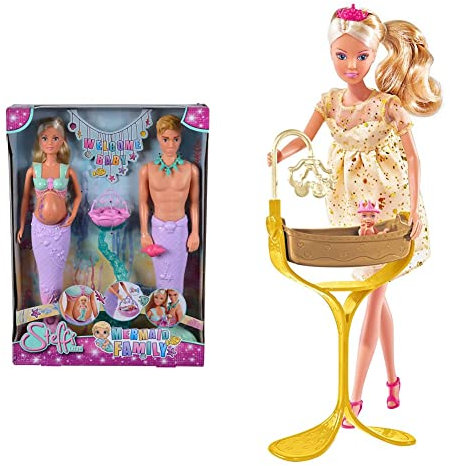Simba 105733524 - Steffi Love Mermaid Family, Puppe als Schwangere Meerjungfrau mit Kevin als Meerjungmann & Steffi Love Royal Baby Blonde Mini Mode-Puppe als Schwangere Prinzessin