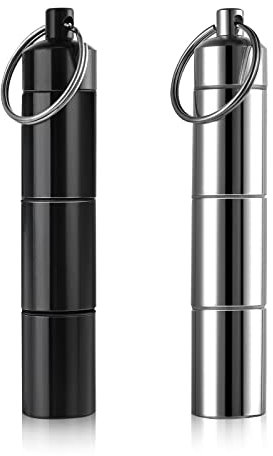 Grevosea 2 Stück Pillendose Schlüsselanhänger wasserdicht Klein Pillendose 3 Teilbaren Fächer Pillendose Aluminiumlegierung Kapsel Mini Pillen Organizer tablettendose für unterwegs Camping-3.58inch