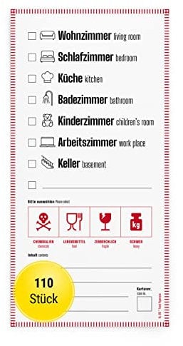 Frank Paperman® | 110 x Aufkleber für Umzugskartons | Etiketten selbstklebend zum Beschriften | DIN lang hochkant | auf Deutsch und Englisch | Umzug Hilfsmittel | packing boxes