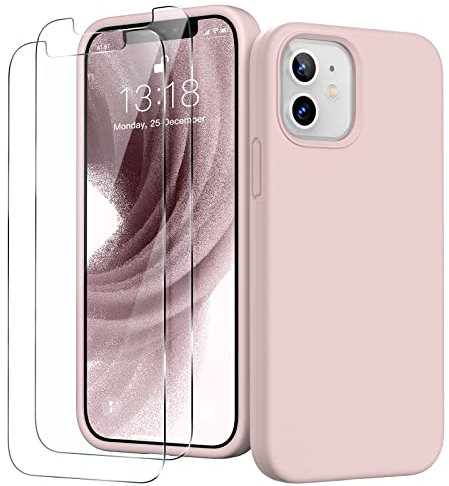 GOODVISH 3 in 1 Cover in Silicone per iPhone 12 Mini 5,4, con 2 Pezzi di Pellicola Protettiva, Silicone Liquido Custodia per Cellulare con Morbida Microfibra Antiurto,Rosa Sabbia