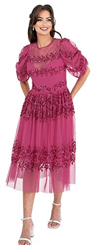 Maya Deluxe Womens Midi Ladies Sequin Embellished Short Sleeve Dress for Wedding Guest Bridesmaid Prom Ball Evening Occasion Vestito, Fuchsia, 38 Donna