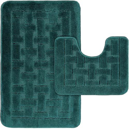 LS DECOR Juego de 2 tapetes de baño de lujo, antideslizantes, ultrasuaves, absorbentes de agua, lavables a máquina, tapetes para inodoro para el suelo del baño (verde azulado)