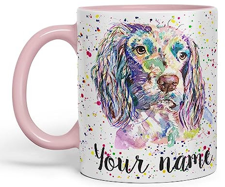 Vixar Personalised with Your Text Spaniel Springer Dog Pet Animals Watercolour Art Coloured Ceramic Mug Cup Gift 330ml 11oz Custom Work Office Tea Coffee (O2) (Pink)