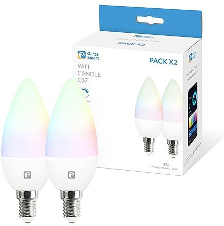 Garza Smarthome - Pack 2 Bombilla LED Inteligente Wifi Vela C37 E14 5W (40W de Equivalencia) RGB+CCT, Intensidad regulable, Programable, Control por Voz y App (Alexa/Google Home), Wifi 2,4 GHz