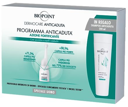 Biopoint Dermocare Anti-Haarausfall für Herren – enthält 20 Ampullen mit verdichtender Wirkung und Anti-Haarausfall-Shampoo für Herren 200 ml, stärkt das Haar und verhindert Haarausfall