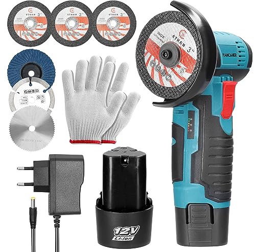 Hancaner Mini Winkelschleifer Akku Winkelschleifer 19500 U/min 12 V professionell Akku Flex 2 Akku 2,0 Ah, 6 Trennscheiben, 76 mm Schnittbereich zum Schleifen und Schneiden