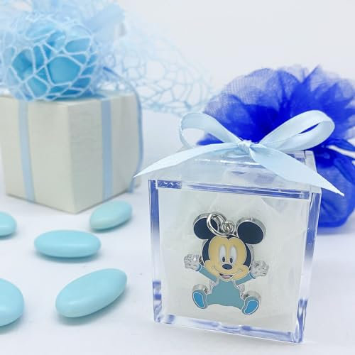 Doni Bomboniere 10 Scatoline portaconfetti in plexiglass Trasparente 5x5x5 con Applicazione Disney di Baby Mickey Mouse in Pigiamino. Bombiera Unica per Nascite, Battesimi, Primi Compleanno Bimbo.
