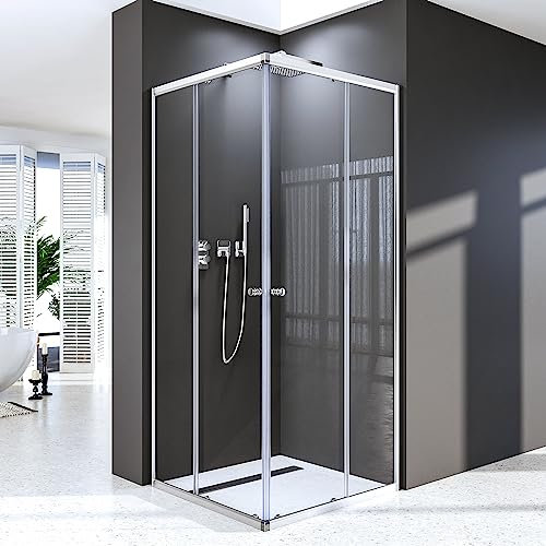 Duschkabine Eckeinstieg mit Schiebetüren 75x100 cm Duschkabine Eckeinstieg Doppel Schiebetür 6 mm ESG Sicherheitsglas Höhe 185 cm, Montage auf Duschwanne Oder Fliese,Silber, Ohne Duschwanne