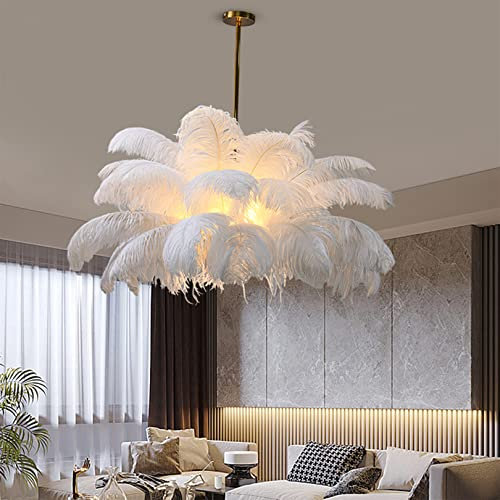 KLUFO Lustre Plafonnier En Plumes D'autruche, Lustre En Plumes Blanches À 3 Lumières Créatif G4 Romantique De Luxe Pendentif Lumière Couloir Chambre Luminaire