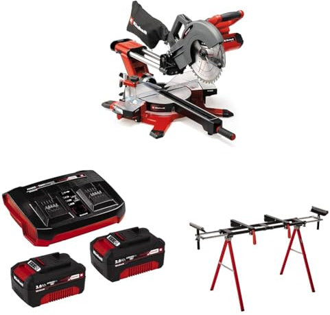 Einhell Akku-Zug-Kapp-Gehrungssäge TE-SM 36/10 L Li Power X-Change (36 V, 254 mm Sägeblatt, 3800 min^-1, Schnittlinien-Laser, inkl. 2x3,0 Ah Akku & Twincharger, inkl. Untergestell)