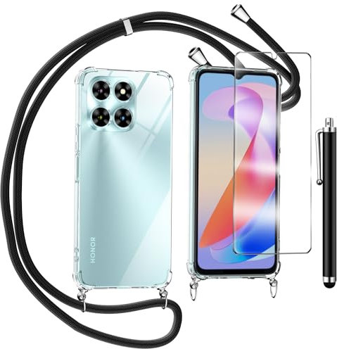 TTSWJBD Mobile Phone Lanyard for Honor X6a, Case with Screen Protector, Necklace Mobile Phone Case with Removable Cord for Hanging, Transparent Silicone Protective Case with Strap in Black