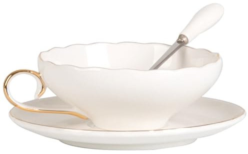 YBK Tech Ceramic Coffee Cup and Saucer Set, 6.2oz Coffee Cup with Gold Rim