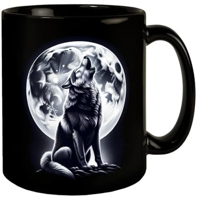 Sitzender Wolf im Mondschein Tasse in Schwarz Heulender Wolf Mond-Nacht Motiv Wildtier-Kreatur zum Heulen bei Tee Kaffee