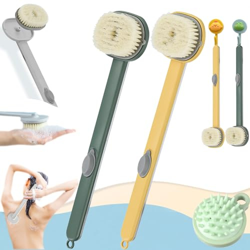 Long Handle Bath Massage Cleaning Brush, Long Handle Back Shower Bath Soap Dispenser Massage Cleaning Brush, Shower Brush with Long Handle, Removable Brush Head for Men and Women (2PCS C)