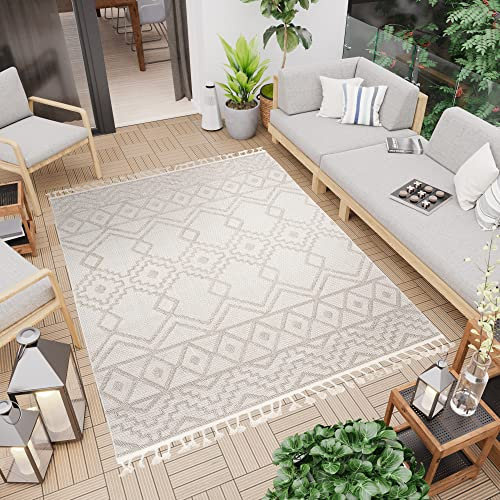 TAPISO Timber Teppich Outdoor Creme Terasse Balkon Indoor Ethno Design Flachgewebe Wetterfest UV-Beständig Sisaloptik mit Fransen ÖKO-TEX 140 x 200 cm