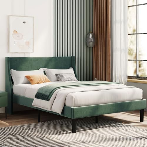 Aptliton Double Bed Frame, Soft Velvet 4FT6 Upholstered Bed with Winged Headboard, Wood Slat Support, Dark Green