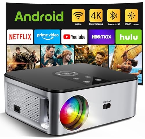 HORLAT Beamer 4K Heimkino 25000 Lumen, Full HD 1080P【Android TV】, WiFi 6 Bluetooth Projektor, Auto/4P Trapezkorrektur, 50% Zoom, Smart Beamer mit YouTube, Beamer Android
