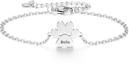 Personalised Dog Paw Name Charm Bracelet in Silver, Rose gold, and Gold. Customised 1, 2 or 3 paws Design Engrave Pet Name Hand Finished in the UK with Gift Box