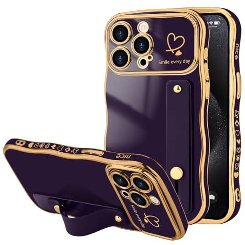 LLZ.COQUE for iPhone 15 Pro Case, Luxury Plating Love-Heart Wave Frame Shape Design, Adjustable Hand Strap Stand Cover, Shockproof Bumper Girls Women Phone Case for iPhone 15 Pro, Dark Purple