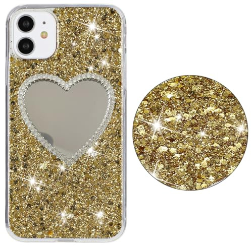 Unichthy All Glitter Case for iPhone 11 Cover Girls Women with Glitter Bling |Love Heart Make-up Mirror| Clear Cover Cute Sparkly Crystal Silicone Shockproof Bumper Phone Case for iPhone 11 Gold