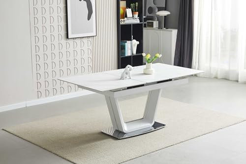 Möbelmeister M&M Ausziehbarer Esstisch aus Keramik und Metall. Farben: Weiß, Schwarz. Größen: 140-180 cm oder 120-160 cm Länge, 90 cm Breite, 76 cm Höhe. Weiß Klein: L-120-160 cm* B-90 cm* H-76CM