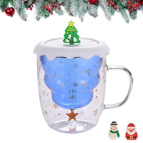 Tazza da caffè Natalizia Doppia Parete Tazza di Vetro con coperchio Tazza di caffè albero di Natale Bicchiere da Latte resistente al Calore per donne uomini bambini