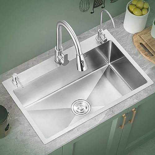 GODFSAHG Fregadero de Cocina Comercial, Fregadero de Cocina de Porcelana de un Solo tazón, Fregadero básico de Acero Inoxidable, con Grifo extraíble, Panel Engrosado, Acero Inoxidable, resi