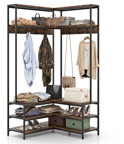 GOPLUS L-förmiger Garderobenständer mit Sitzbank, Eck-Kleiderständer mit 7 Haken und Ablageflächen, Garderobe Schuhregal Garderobenregal für Eingang & Schlafzimmer (Rustikales Braun)