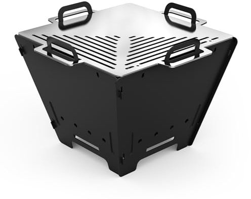 Onlyfire BBQ Holzkohlegrill, 38,1 cm, faltbare Grill-Feuerstelle mit Edelstahl-Grillrost, tragbare Outdoor-Feuerstelle, Lagerfeuer für Grill, Camping und Hinterhof, Terrasse, quadratisch, GS356