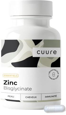 Zinc Bisglycinate [15mg] - CUURE - 120 jours - Haute Absorption et 100% Pure - Immunité, Cheveux & Peau (acné) - Fabriqué en France