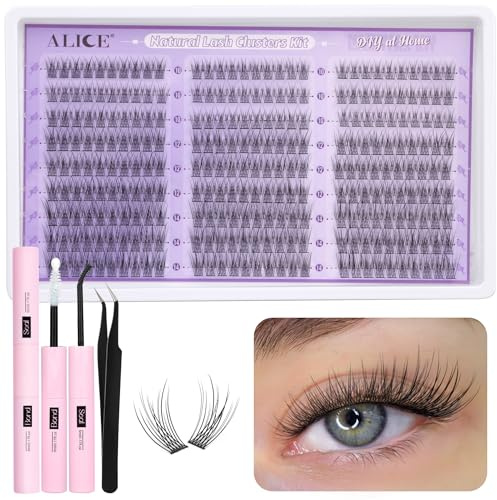 ALICE Cluster Lashes Kit Natural Wispy Lash Extension Kit Thin Band Cluster Eyelash Extension Kit 270pcs C Curl 10-14mm Eyelashes Individual Kit with Lash Glue Bond and Seal Self Application at Home