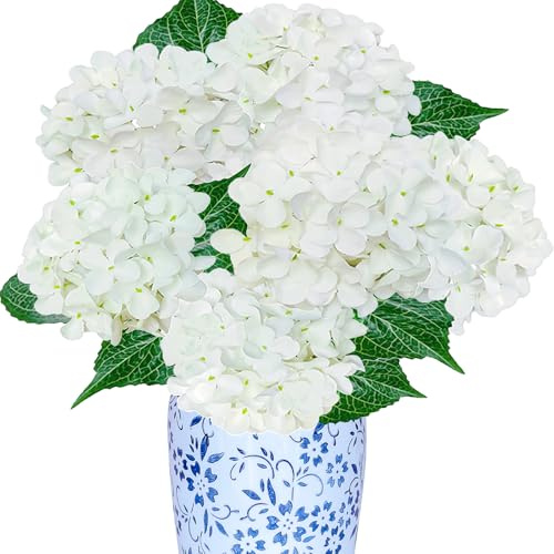 6PCS Premium White Hydrangea Artificial Flowers Bouquets, Ivory Silk Hydrangea Flowers Heads with Stems, Fake Hydrangeas Flowers Arrangement, Faux Hydrangea Decor for Home Wedding Party Baby Shower