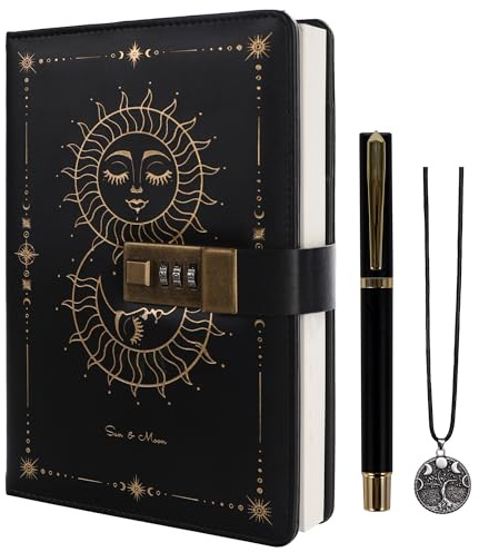 TIEFOSSI Diario con candado, diario de sol y luna con candado para mujeres y hombres, cuaderno A5 recargable con candado para escribir, 224 páginas numeradas