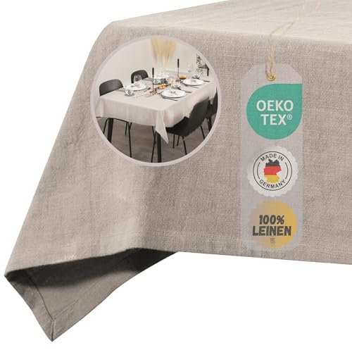 chambry Tischdecke 100% Leinen Stonewashed – Handarbeit Made in Germany – Größe und Farbe wählbar – hochwertige und nachhaltige Tischwäsche aus Naturmaterial - Sand 110cm x 160cm