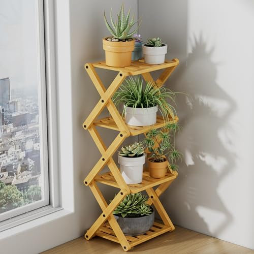 acfeco Blumenständer Holz, Pflanzenständer 4 Etagen, Blumenregal Indoor, Pflanzentreppe, Pflanzenregal Bambus für Balkon Wohnzimmer Garten Terrasse Deko 23 x 19 x 54 cm