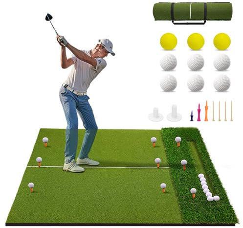 TTCB Sports Golf Hitting Mat with Dual Turf & Ball Tray, 5x4FT Golf Practice Mat for Indoor Outdoor Garden, Golf Driving Mats for Training Includes 9 Balls & 9 Tees, Gifts for Men/Golfer