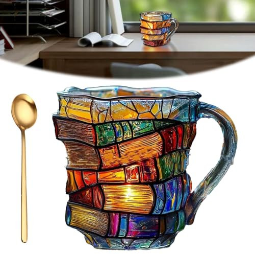 Generisch Bemalte Buchtasse, Einzigartige Kaffeetasse mit bemalten Büchern, Bunte Kaffeetasse in Stapelform aus Acrylbüchern, Glasbecher in Stapelform für Literaturliebhaber (style C)