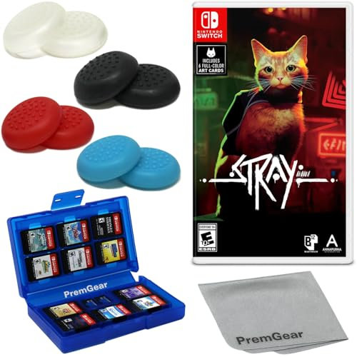 Stray for Nintendo Switch (US Version), with PremGear Thumb Grips (8 pack - Black, Blue, Red & Clear), 24 Slot Game Card Holder & Cleaning Cloth