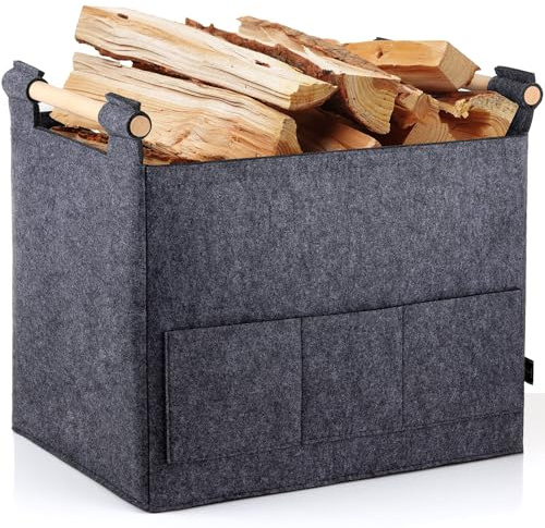 BONTHEE XL 40L Filzkorb & Holzkorb für Kaminholz - Doppelgriffanwendung + rutschfeste Griffe + Fronttasche extra groß - Filz Tasche Korb für Holz faltbar Transport & Aufbewahrung (Grau)