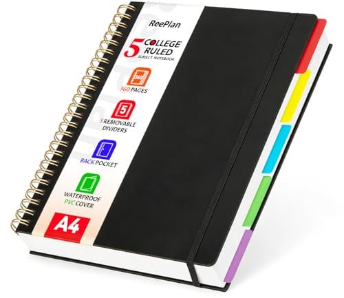 ReePlan Notizbuch A4 liniert Spiralbindung – 360 Seiten 100g/m² Papier, Spiralnotizbuch mit 5 Unterteilern, A4 Spiralblock Hardcover als All-in-One Notizbuch für Schule, Büro & Studium (Schwarz)