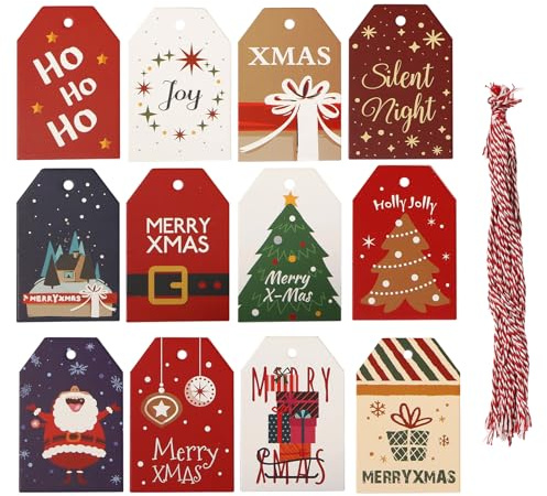 48 Stück Geschenkanhänger Weihnachten, 12 Designs, Weihnachtskarten Anhänger, Geschenkaufhänger Weihnachten, Geschenkanhänger Weihnachten, Xmas Tags, Kordel Anhänger Weihnachten für Geschenke & Deko
